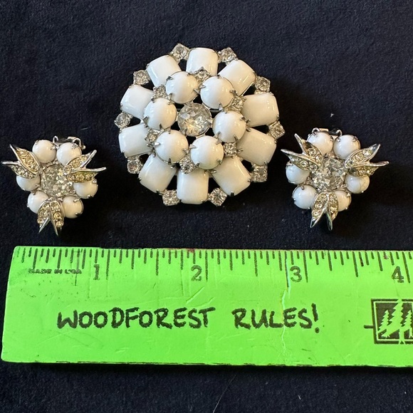 weiss Jewelry - Vintage Weis White Cabochon &  Rhinestone Brooch and Earring Set - Women Jewelry